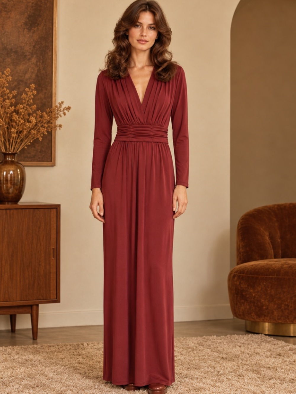 Vintage 1970s Celyce Designs Burgundy Maxi Column Dress Made in US